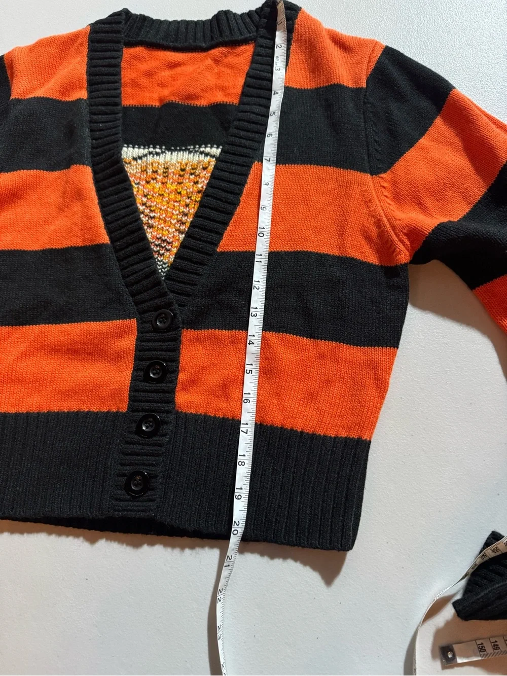 Orange/Black Striped Knit V-Neck Button-Front Embroidered Cat Cardigan S